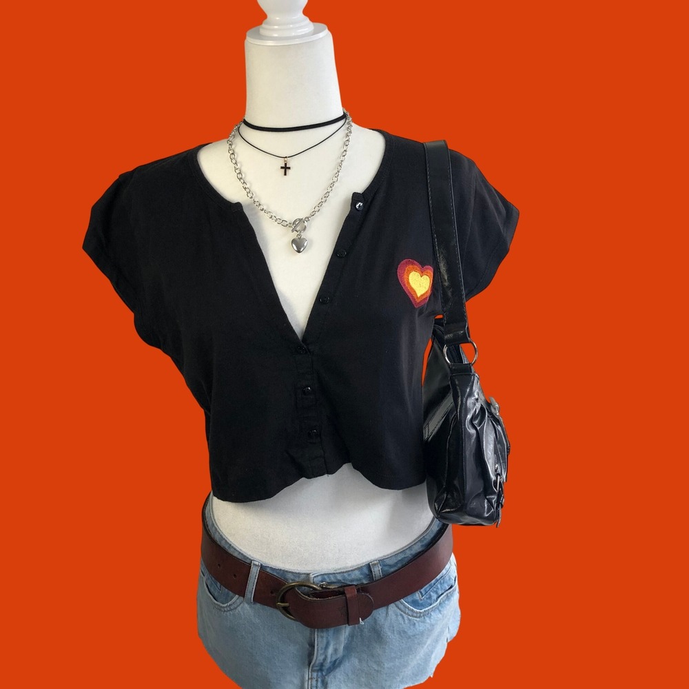 Sacred Hawk Black Heart Grunge Crop Top Faux Button Henley Womens L Indie